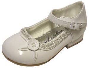DRESS SHOES W/ DOUBLE LINE RHINESTONE FLOWER ON SIDE & BELT BUCKLE (WHTPAT)
